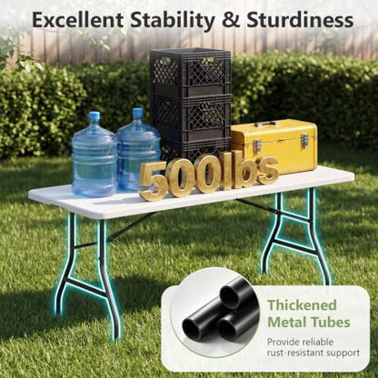 Folding Table, 6FT Foldable Picnic Table with Carrying Handle, Heavy Duty Fold-in-Half Portable Table for Weddings, Camping, RV Travel, Parties, BBQs, and Indoor Use, Easy to Fold and Store, White