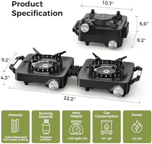 MoKo Propane Camping Stove 2 Burner, 36,000 BTU Infrared & Open Flame Hybrid, Windproof Folding Portable Outdoor Gas Cooking Kit with Frying Pan & Carry Bag For RV, Tailgating, Survival, Black