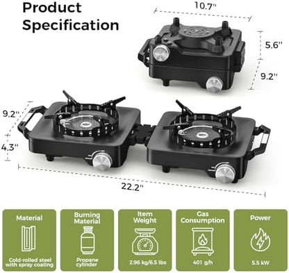 MoKo Propane Camping Stove 2 Burner, 36,000 BTU Infrared & Open Flame Hybrid, Windproof Folding Portable Outdoor Gas Cooking Kit with Frying Pan & Carry Bag For RV, Tailgating, Survival, Black