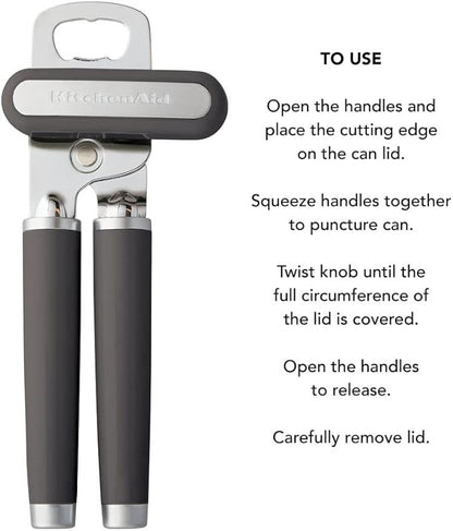 KitchenAid Classic Multifunction Can Opener and Bottle Opener Easy to Use, Razor Sharp Stainless Steel Cutting Wheel, Soft Ergonomic Handles, Charcoal