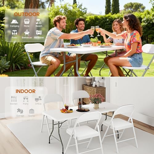 SKONYON 6ft Folding Table Heavy Duty 350 LBS Foldable Table with 18% Thicker HDPE Top Reinforced Steel Frame Portable Fold-in-Half Table Under 22 lbs for Outdoor Indoor Party Wedding Camping White
