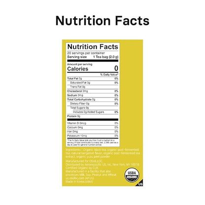 OSULLOC Yuja Earl Grey (Natural bergamot flavor, Yuju), USDA Organic, Premium Teabags from Jeju Island, 20 count, 1.41 oz, 40g