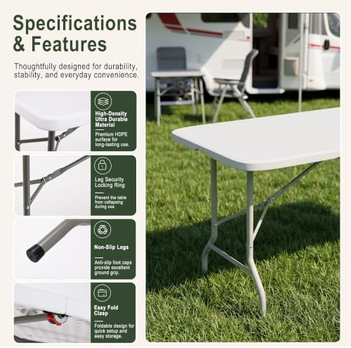 HULKFIT Portable 8-Piece Folding Table and Chairs Set, Heavy Duty 6ft Camping & Party Furniture for Indoor Outdoor Events, White