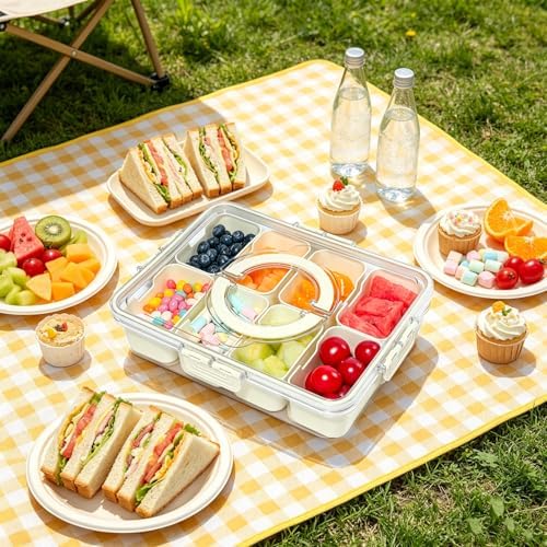 HRXFOZ Divided Serving Tray with Lid and Handle, 8 Compartment Snack Box, Portable Snack Platter for Fruits, Veggies, Nuts, Party Entertaining, Picnic (2 PCS)