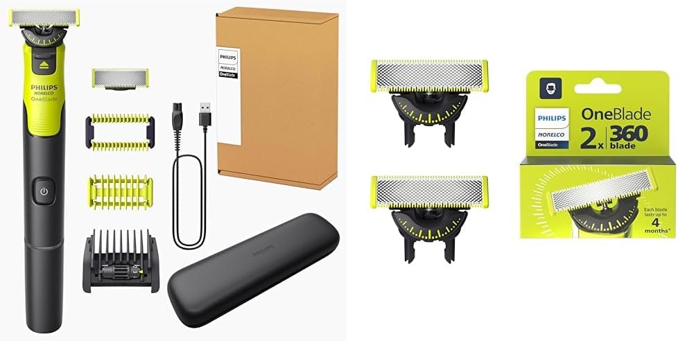 Philips Norelco OneBlade 360 with Connectivity Face & Body Hybrid Electric Trimmer & Shaver, QP4631/90 + Philips Norelco Genuine OneBlade 360 Blade Replacement Blades, 2 Count, QP420/80