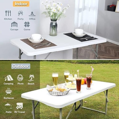 SKONYON 4 Foot Folding Table Heavy Duty Portable Fold-in-Half Plastic Utility Table Small Indoor Outdoor Adjustable Height Folding with Carrying Handle, Camping and Party, Portable White