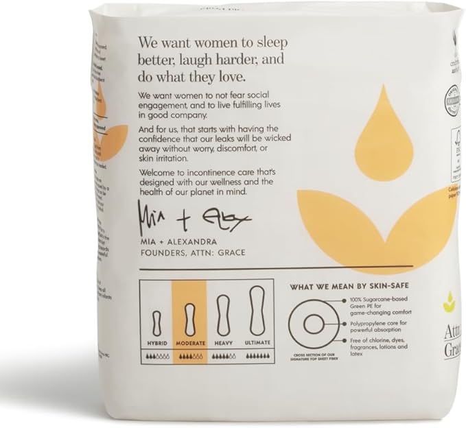 Attn: Grace Moderate Incontinence Pads for Women, 28-Pack - High Absorbency, Breathable, Plant-Based - Incontinence Pads for Moderate Bladder Leaks & Sensitive Skin