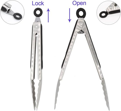 304 Stainless Steel Kitchen Cooking Tongs, 9" and 12" Set of 2 Sturdy Grilling Barbeque Brushed Locking Food Tongs with Ergonomic Grip, Black