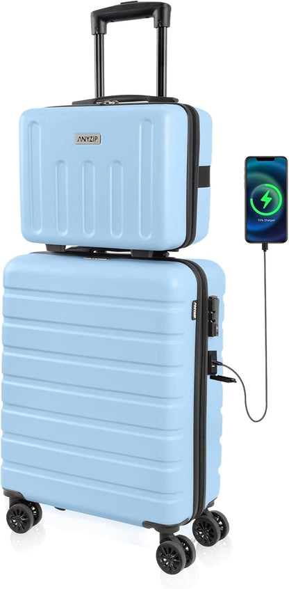 AnyZip 21" Carry On Luggage and 14" Mini Cosmetic Cases Luggage Set Hardside PC ABS Lightweight USB Suitcase with Wheels TSA for kids (2-Piece Set (14/21),Light blue)