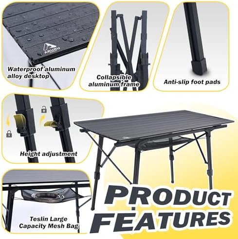 Folding Camping Table, Portable Aluminum Adjustable Height