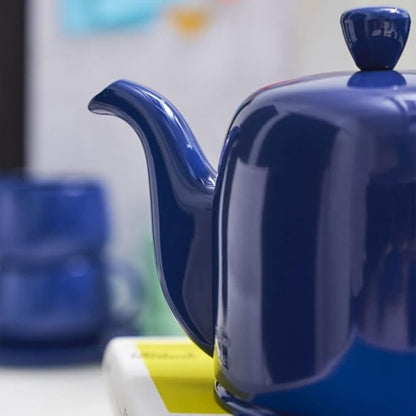 Degrenne Salam Luxury French Tea Pot - Porcelain Teapot with Stainless Steel Cover, Ceramic Tea Kettle for Loose Tea, Removable Infuser, 6 Cup Capacity, 36oz - Monochrome Blue