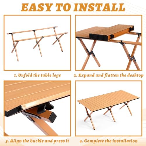 Suzile 2 Pack 4FT Folding Camping Table, Roll Up Portable Camp Table with Carry Bag, Low Collapsible Lightweight Aluminum Outdoor for Camping, Picnic, Beach, Patio, Kitchen (Yellow Wood Color)
