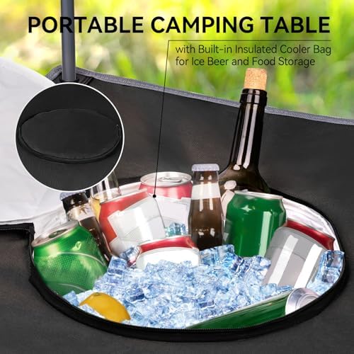 Portable Lightweight Folding Camping Table with Cooler and 4 Large Cup Holders Collapsible Picnic Camp Table Foldable Outdoor Table with Carry Bag for BBQ Tailgating Beach RV Travel Hiking