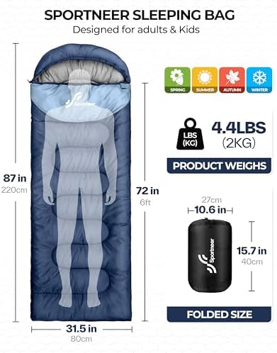 Sportneer Sleeping Bag, 3 Seasons Warm Cold Weather Sleeping Bags for Adults Kids Boys Girls with Compression Sack- Lightweight Camping Essentials Gear Accessories, Backpacking, Hiking