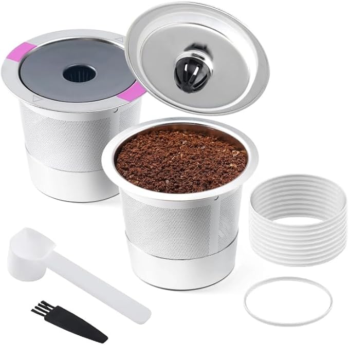 Reusable K Cups Coffee Filter, 2 Pack Stainless Steel K Cup Reusable Coffee Pods Filters with 15 O-Rings for K eurig 1.0 & 2.0 Coffee Makers Metal K-cup Refillable