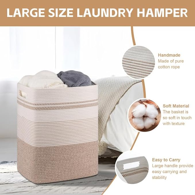 Laundry Hamper, Large Woven Rope Tall Laundry Basket with Handles, 22" X 17" X 13", Decorative Storage Basket for Clothes and Blankets in Living room, Bedroom, Brown Variegated