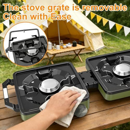 2-Burner Pro Camping Stove,24000 BTU Camp Stove,Foldable Propane Stove Includes Carry Bag,Windscreen Griddle, Portable Stove,Camping Essentials,Suitable For Outdoor Cooking,Tailgating,Grilling (Green)