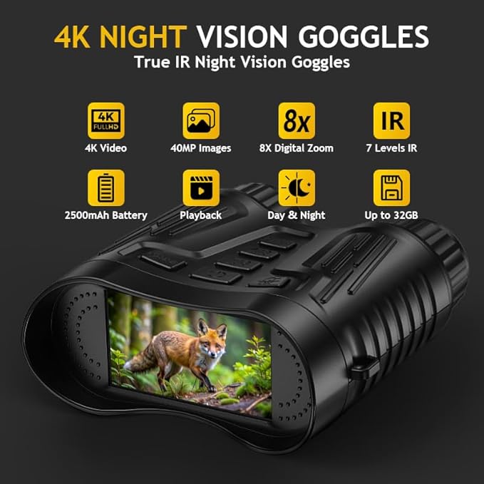 Night Vision Binoculars for Adults, 4K HD Night Vision Goggles with Video Recording, for Men, Boys, Father's Day, Christmas for Outdoor Night Adventure, Wildlife Watching