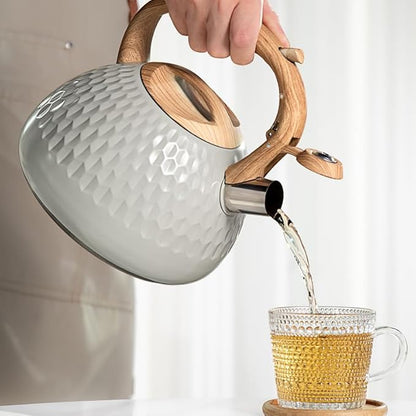 Tea Kettle, 2.7 Quart with Wood Pattern Handle Loud Whistle Food Grade Stainless Steel Teapot, Anti-Hot Handle and Anti-Rust, Suitable for All Heat Sources