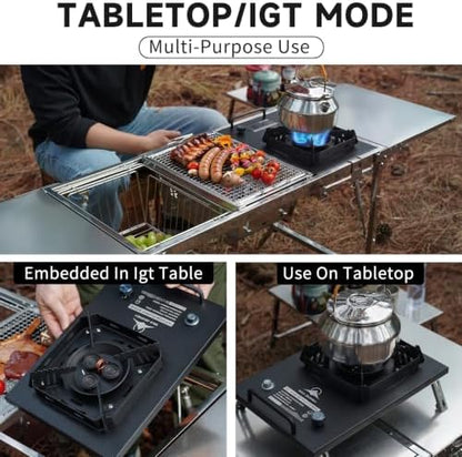 Portable Camping Stove, 25591 BTU, Folding Gas Stove, 304 Stainless Steel, Windproof, Electronic Ignition, Rotary Flame Control, Carry Bag Included, Matte Black, for IGT Table, Outdoor & RV Cooking.