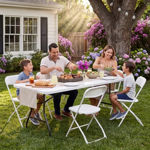 2 Pack 6ft Folding Table, Foldable Picnic Table Portable Table for Indoor Outdoor Use Heavy Duty Plastic Table Camping Table with Carry Handle for Party, BBQ, White