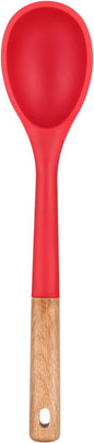 Large Silicone Cooking Spoons, Nonstick Solid Wooden Handle Spoon, Heat Resistan Silicone Kitchen Spoons for Cooking, Serving, Basting, Mixing, 13.2inch (RED)