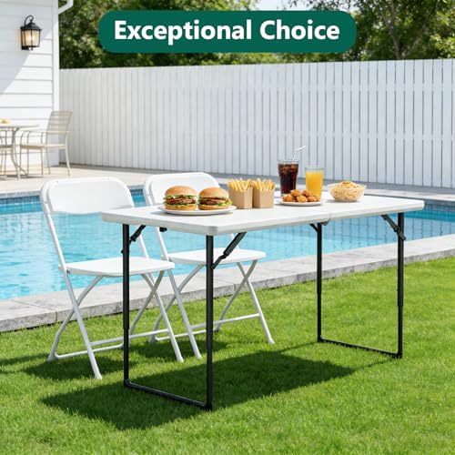 4FT Folding Table with 4 Pack Folding Chair, Foldable Picnic Table with Adjustable Height and Plastic Foldable Chairs for Weddings, Camping, RV Travel, Parties, BBQs, and Indoor Use, White