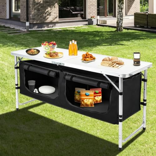 Camping Table with Storage, Portable Lightweight 3 Height Adjustable for Outdoor,Black
