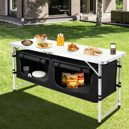 Camping Table with Storage, Portable Lightweight 3 Height Adjustable for Outdoor,Black