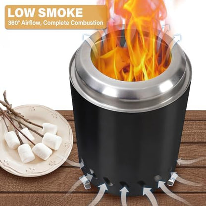 HGD Small Tabletop Fire Pit 8.0 x 5.5 in, Portable Mini Smokeless Table Top Firepit, Low Smoke Camping Stove for Outdoor/Patio, with Travel Bag & Forks, Fueled by Pellets/Wood, Stainless Steel, Black