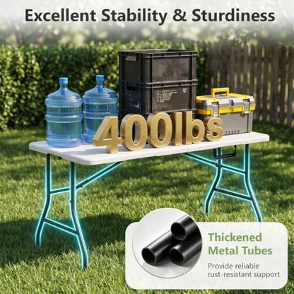 Folding Table, 5FT Foldable Picnic Table with Carrying Handle, Heavy Duty Fold-in-Half Portable Table for Weddings, Camping, RV Travel, Parties, BBQs, and Indoor Use, Easy to Fold and Store, White