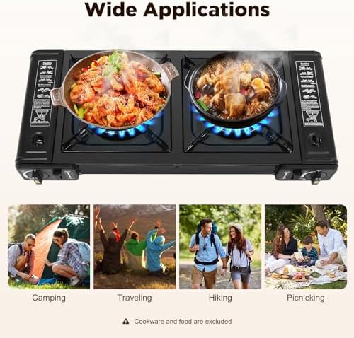 Camping Stove, Portable Butane Camping Stove, Propane Stove 2 Burner Propane Gas Stove, Double Auto Ignition Camping Burner LPG for RV, Apartments, Motorhome, Outdoor, Indoor