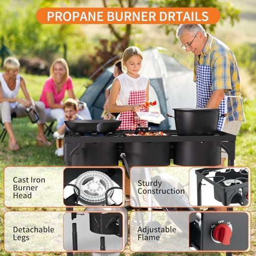High Pressure Propane Burner, 3 Burner Camping Stove with Detachable Legs, 225,000 BTU Propane Gas Stove Burner with 0-20 PSI Regulator for Camping, Tailgating, Backyard, Outdoor Cooking