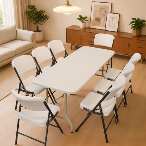 HULKFIT Portable 8-Piece Folding Table and Chairs Set, Heavy Duty 6ft Camping & Party Furniture for Indoor Outdoor Events, White