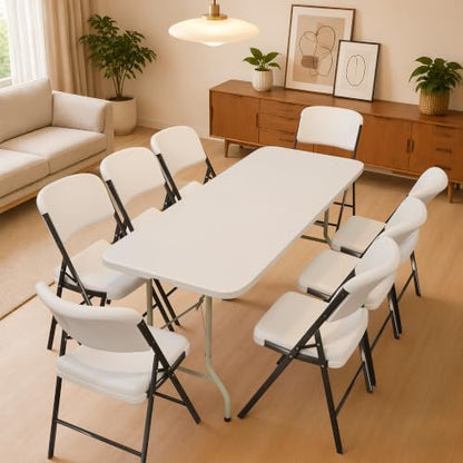 HULKFIT Portable 8-Piece Folding Table and Chairs Set, Heavy Duty 6ft Camping & Party Furniture for Indoor Outdoor Events, White
