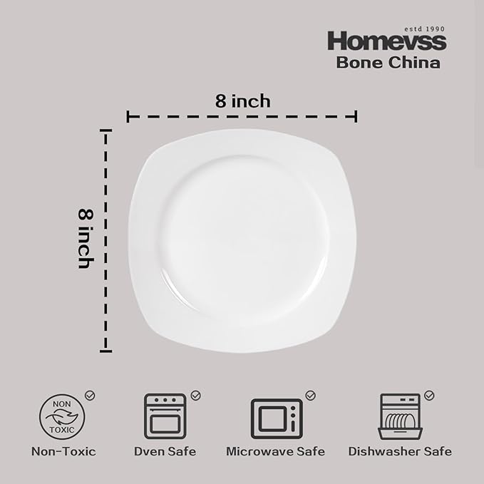 HomeVss, New Bone China Dinnerware Set, Coupe Square Shape, 20pc Set