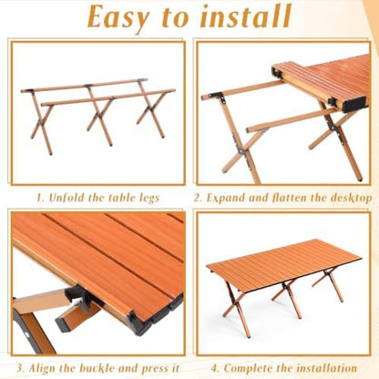 Suzile 1 Pack 4FT Folding Camping Table, Roll Up Portable Camp Table with Carry Bag, Low Collapsible Lightweight Aluminum Outdoor for Camping, Picnic, Beach, Patio, Kitchen (Nut Brown)