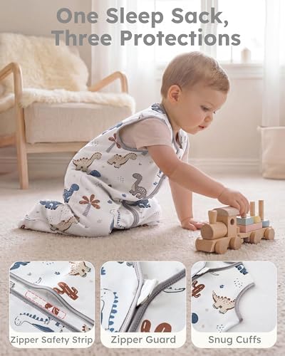 Baby Sleep Sack 6-12 Months 0.5 TOG, 100% Cotton Baby Wearable Blanket 2 Pack with 2-Way Zipper, Lightweight Sleep Bag for Boys ＆ Girls Newborn Infant Breathable Sleeing Sack Grey Dinosaur