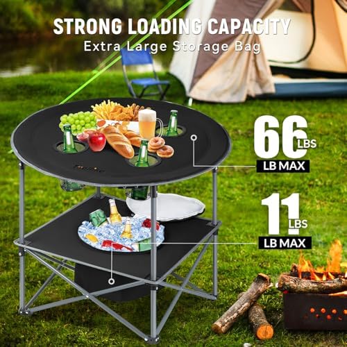 Portable Lightweight Folding Camping Table with Cooler and 4 Large Cup Holders Collapsible Picnic Camp Table Foldable Outdoor Table with Carry Bag for BBQ Tailgating Beach RV Travel Hiking