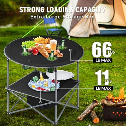 Portable Lightweight Folding Camping Table with Cooler and 4 Large Cup Holders Collapsible Picnic Camp Table Foldable Outdoor Table with Carry Bag for BBQ Tailgating Beach RV Travel Hiking