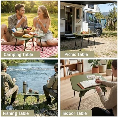 Folding Camping Table, 2-in-1 Adjustable Height Portable Outdoor Aluminum Camp Desk with Carrying Bag, Lightweight Foldable Table for Picnic, Beach, BBQ, Hiking, Fishing, Travel (Green)