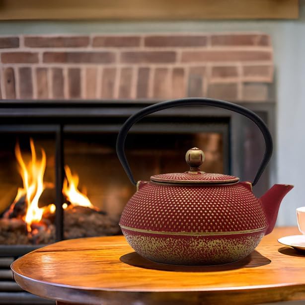 Cast Iron Teapot Tea Kettle with Stainless Steel Infuser for Stovetop Safe Coated with Enameled Interior Japanese Red Tetsubin for Loose Tea(30.4oz/900ml)