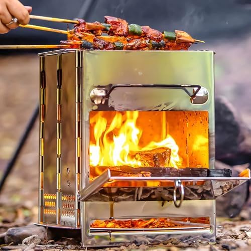 REDCAMP Wood Burning Folding Camp Stove Stainless Steel Grid, Portable Collapsible Backpacking Stove Survival Rocket Stove for Hiking Outdoor Tent Camping Picnic BBQ, Samll