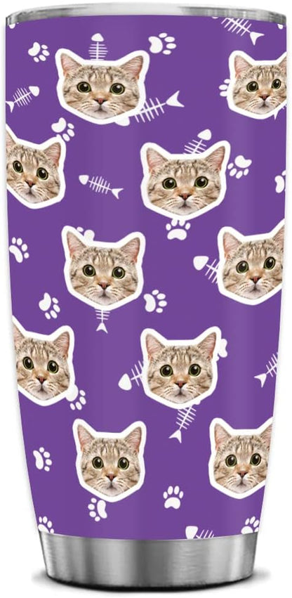 FunStudio Personalized Cat Face Tumbler with Pictures Kitty Pet Paw Custom Tumblers Coffee Travel Mug Cup Gift for Men Women, 20 Oz Insulated Stainless Steel