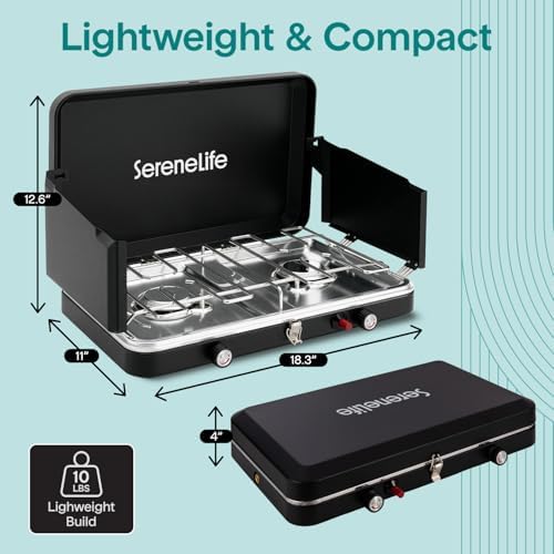 Camping Stove 2 Burner Propane Portable Camp Stove 24,400 BTU with Wind Guards Adjustable Burners Push Button Ignition Compact Outdoor Cooking for Camping Tailgating and Backyard