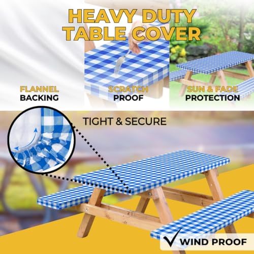 Vinyl Fitted Picnic Table Cover with Bench Covers & Blue 6ft Blue Checkered