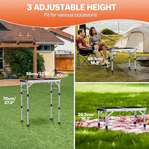 2ft Folding Grill Table 23''x16'', 3 Adjustable Heights Max 27.5'', Silver