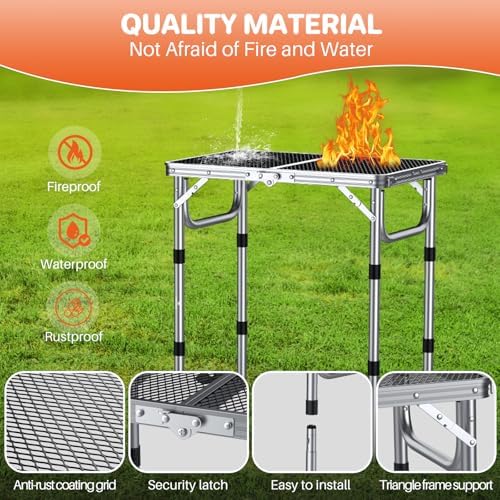 2ft Folding Grill Table 23''x16'', 3 Adjustable Heights Max 27.5'', Silver