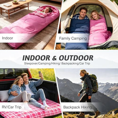 Uniqwamer Sleeping Bag for Adults Kids - 4 Seasons Cold & Warm Weather Flannel Camping Sleeping Bags, Lightweight & Waterproof 45°F Sleeping Bag for Camping Hiking Outdoor Travel