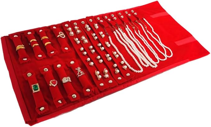 Velvet Travel Jewelry Case Roll Bag Organizer for Necklace Bracelet Earrings Ring (Black) (Red)